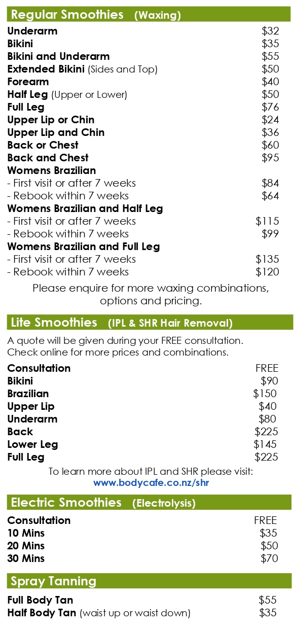 Body Cafe menu - massage, body treatments, hot stone, body wraps