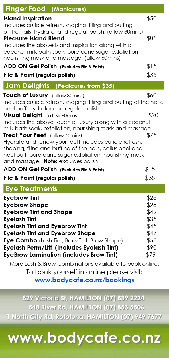 Body Cafe menu - manicures, pedicures