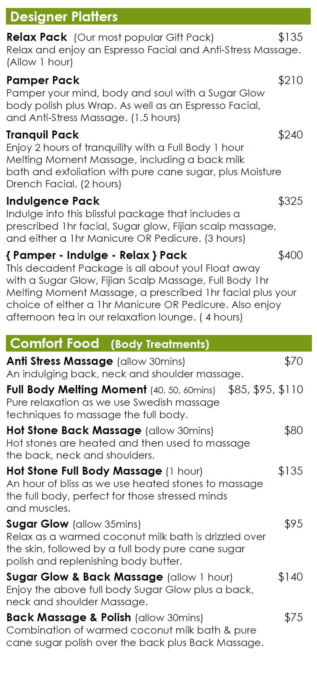 Body Cafe menu - Facials